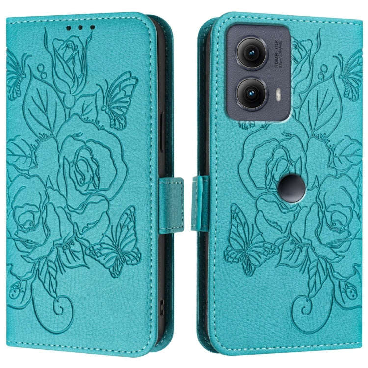 For Motorola Edge 5G 2024 Embossed Rose RFID Anti-theft Leather Phone Case(Light Blue)