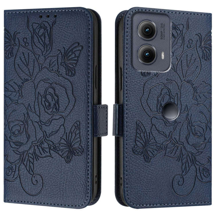 For Motorola Edge 5G 2024 Embossed Rose RFID Anti-theft Leather Phone Case(Dark Blue)