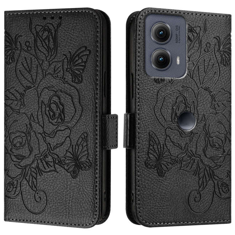 For Motorola Edge 5G 2024 Embossed Rose RFID Anti-theft Leather Phone Case(Black)