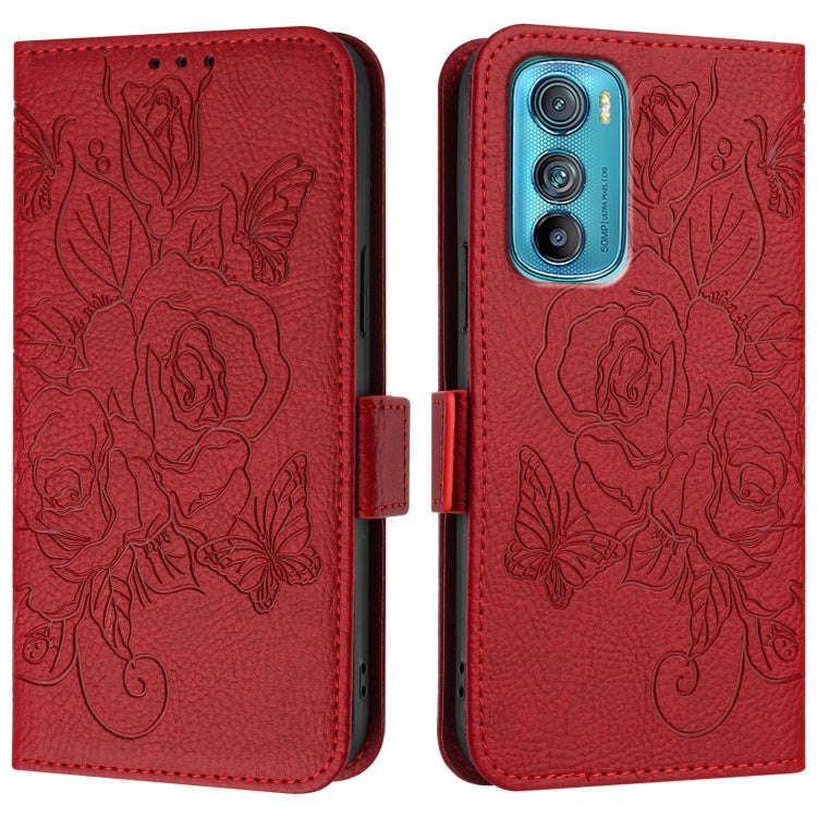For Motorola Edge 30 Embossed Rose RFID Anti-theft Leather Phone Case(Red)