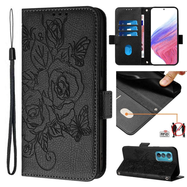 For Motorola Edge 30 Embossed Rose RFID Anti-theft Leather Phone Case(Black)