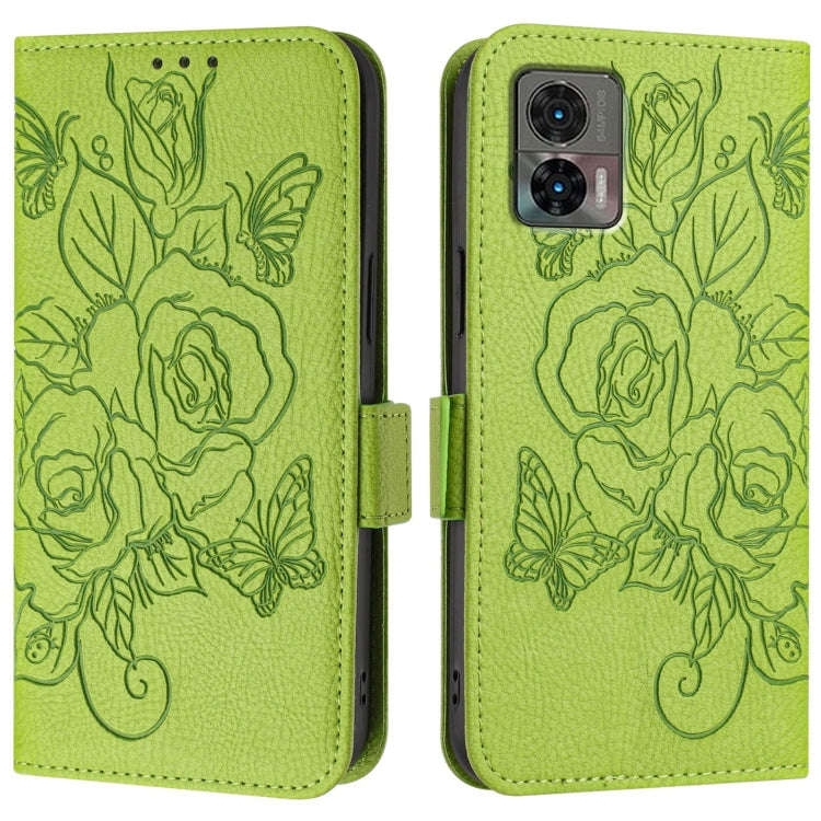For Motorola Edge 30 Neo Embossed Rose RFID Anti-theft Leather Phone Case(Green)