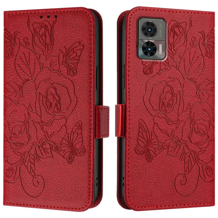 For Motorola Edge 30 Neo Embossed Rose RFID Anti-theft Leather Phone Case(Red)