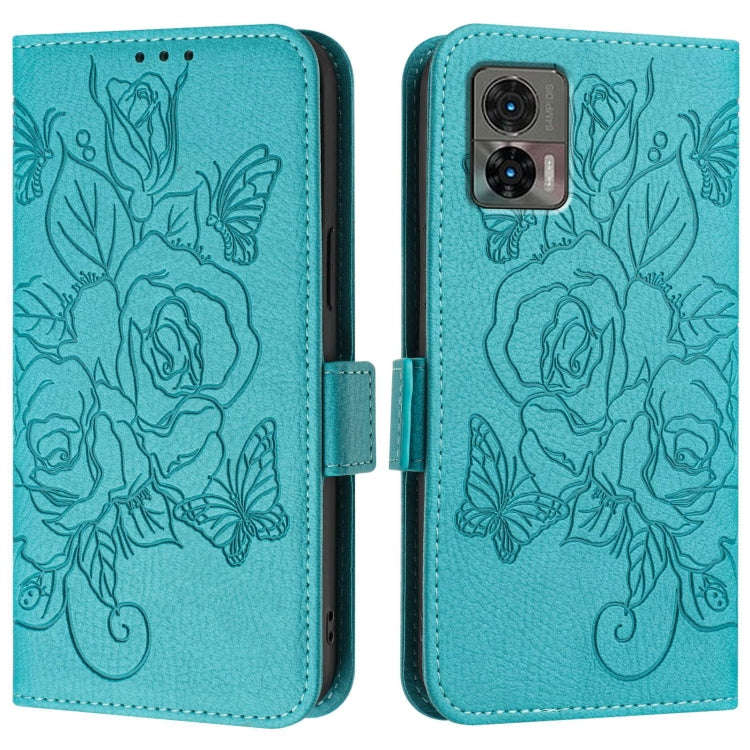 For Motorola Edge 30 Neo Embossed Rose RFID Anti-theft Leather Phone Case(Light Blue)