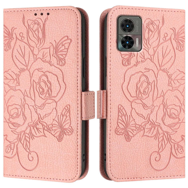 For Motorola Edge 30 Neo Embossed Rose RFID Anti-theft Leather Phone Case(Pink)