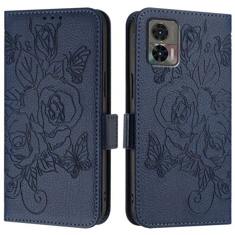 For Motorola Edge 30 Neo Embossed Rose RFID Anti-theft Leather Phone Case(Dark Blue)