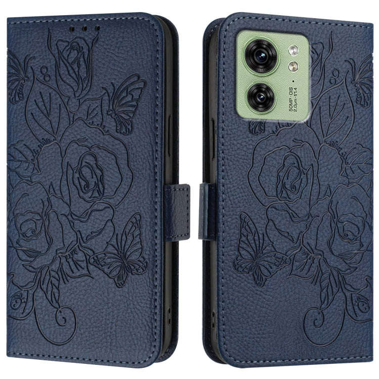 For Motorola Edge 40 5G Embossed Rose RFID Anti-theft Leather Phone Case(Dark Blue)