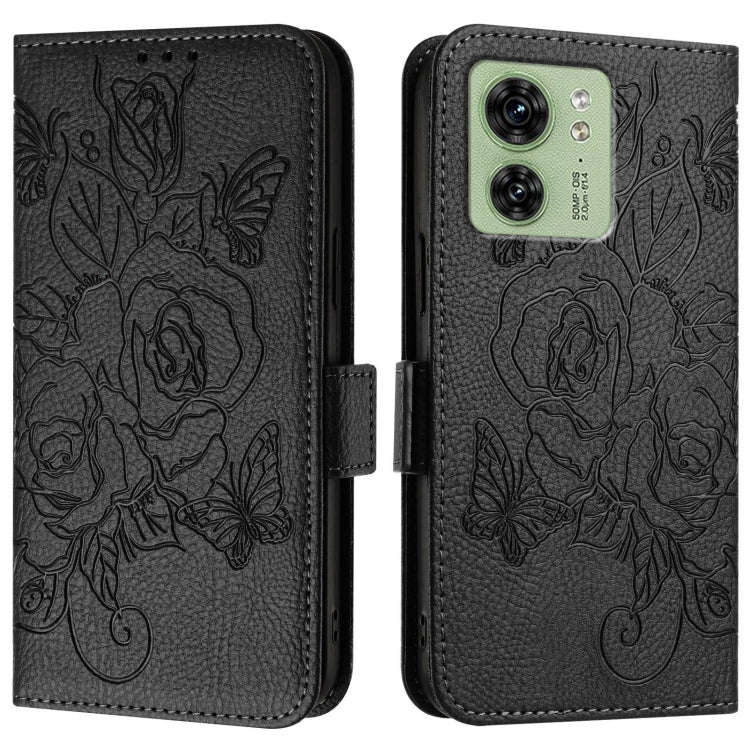 For Motorola Edge 40 5G Embossed Rose RFID Anti-theft Leather Phone Case(Black)