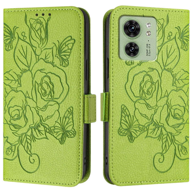 For Motorola Edge 2023 North American Embossed Rose RFID Anti-theft Leather Phone Case(Green)