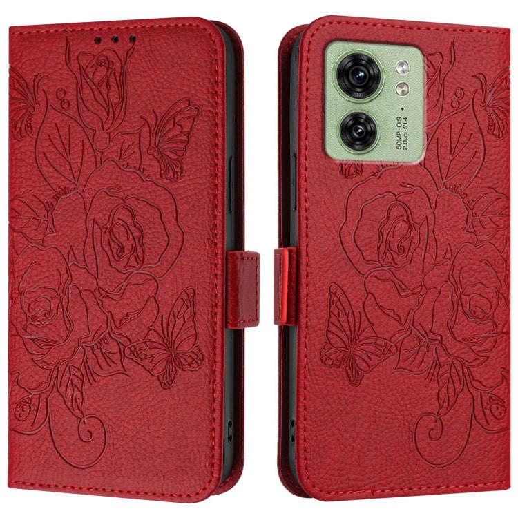 For Motorola Edge 2023 North American Embossed Rose RFID Anti-theft Leather Phone Case(Red)