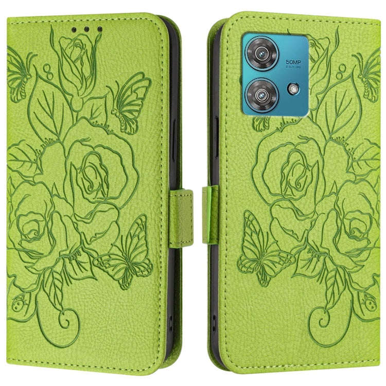 For Motorola Edge 40 Neo 5G Embossed Rose RFID Anti-theft Leather Phone Case(Green)