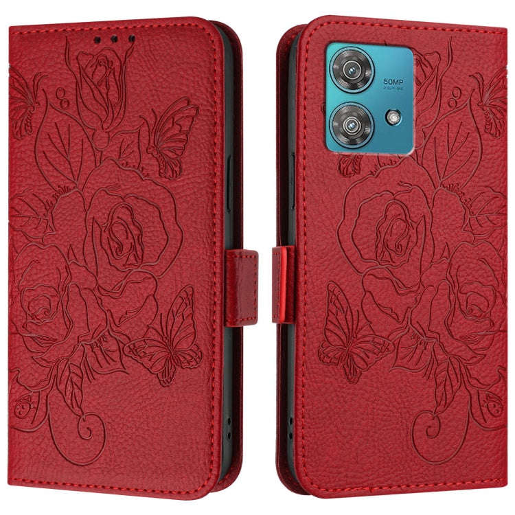 For Motorola Edge 40 Neo 5G Embossed Rose RFID Anti-theft Leather Phone Case(Red)
