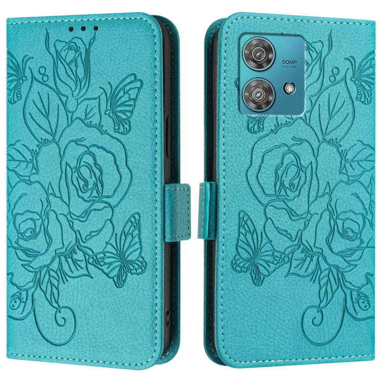 For Motorola Edge 40 Neo 5G Embossed Rose RFID Anti-theft Leather Phone Case(Light Blue)