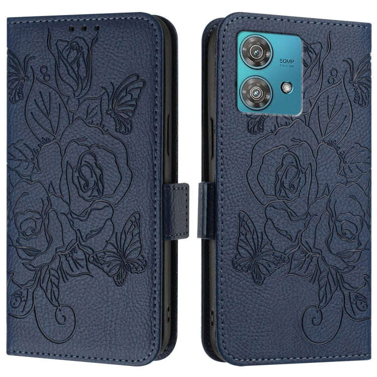 For Motorola Edge 40 Neo 5G Embossed Rose RFID Anti-theft Leather Phone Case(Dark Blue)