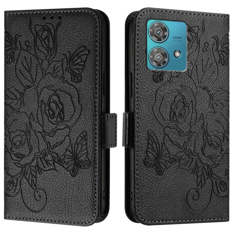 For Motorola Edge 40 Neo 5G Embossed Rose RFID Anti-theft Leather Phone Case(Black)