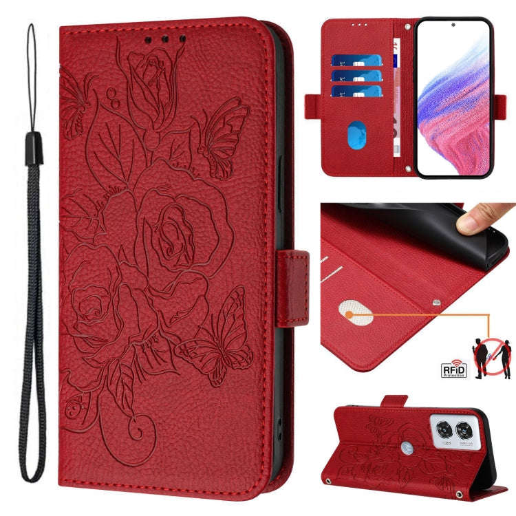 For Motorola Edge 50 Fusion Embossed Rose RFID Anti-theft Leather Phone Case(Red)