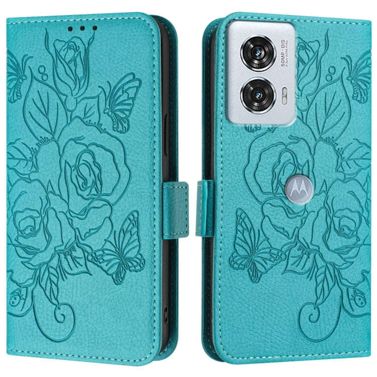 For Motorola Edge 50 Fusion Embossed Rose RFID Anti-theft Leather Phone Case(Light Blue)