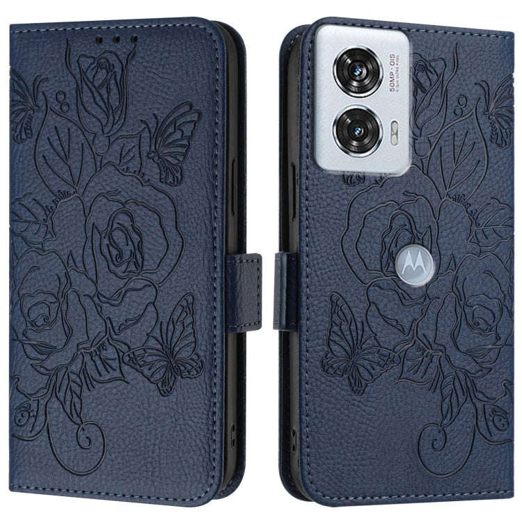 For Motorola Edge 50 Fusion Embossed Rose RFID Anti-theft Leather Phone Case(Dark Blue)