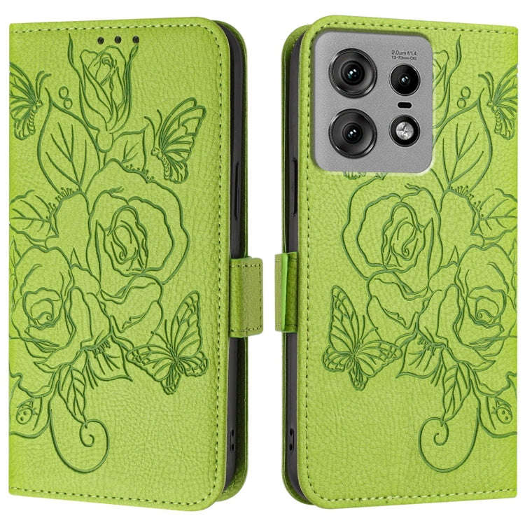 For Motorola Edge 50 Pro Embossed Rose RFID Anti-theft Leather Phone Case(Green)