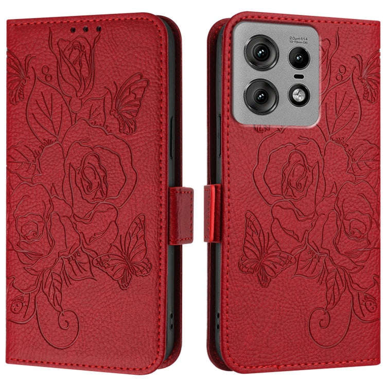 For Motorola Edge 50 Pro Embossed Rose RFID Anti-theft Leather Phone Case(Red)