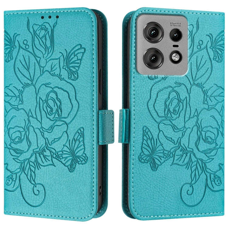 For Motorola Edge 50 Pro Embossed Rose RFID Anti-theft Leather Phone Case(Light Blue)