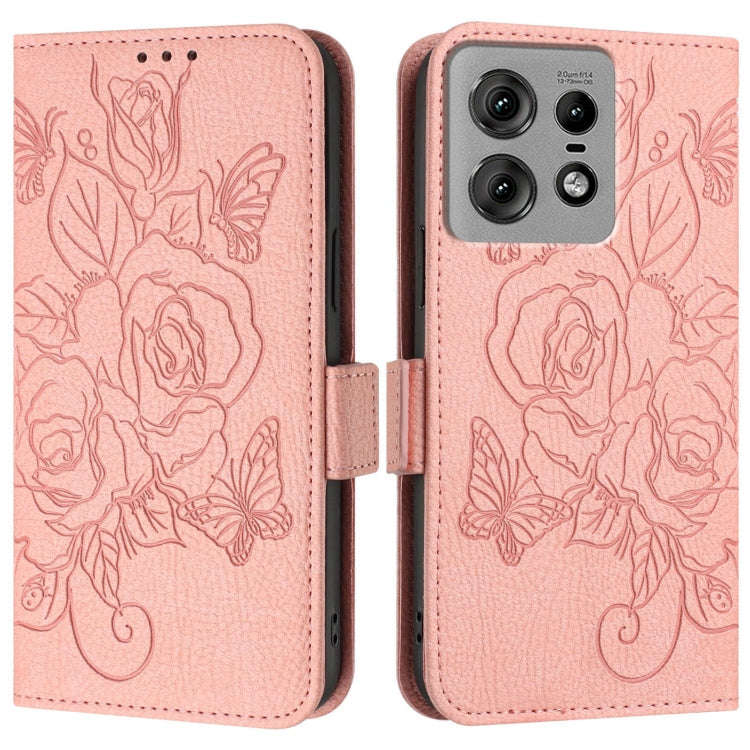For Motorola Edge 50 Pro Embossed Rose RFID Anti-theft Leather Phone Case(Pink)