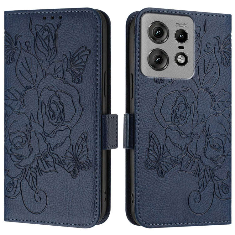 For Motorola Edge 50 Pro Embossed Rose RFID Anti-theft Leather Phone Case(Dark Blue)