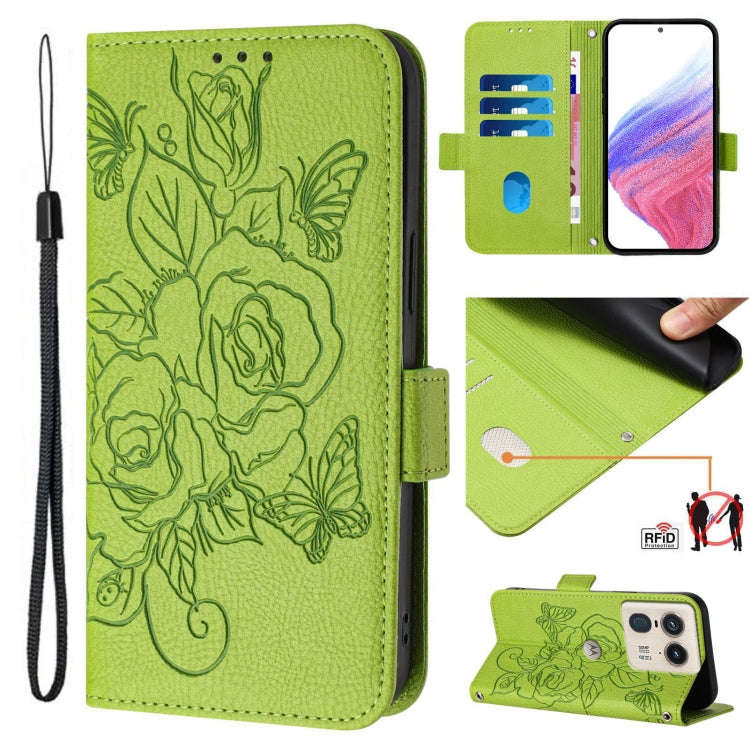 For Motorola Edge 50 Ultra Embossed Rose RFID Anti-theft Leather Phone Case(Green)