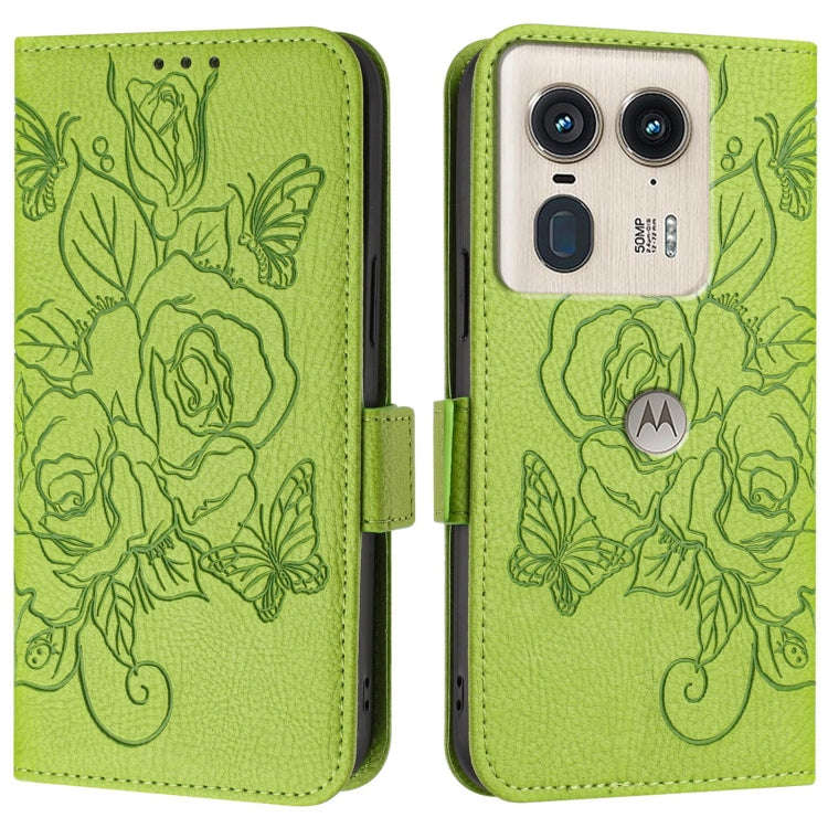 For Motorola Edge 50 Ultra Embossed Rose RFID Anti-theft Leather Phone Case(Green)
