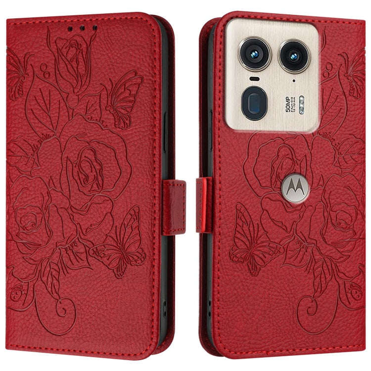 For Motorola Edge 50 Ultra Embossed Rose RFID Anti-theft Leather Phone Case(Red)