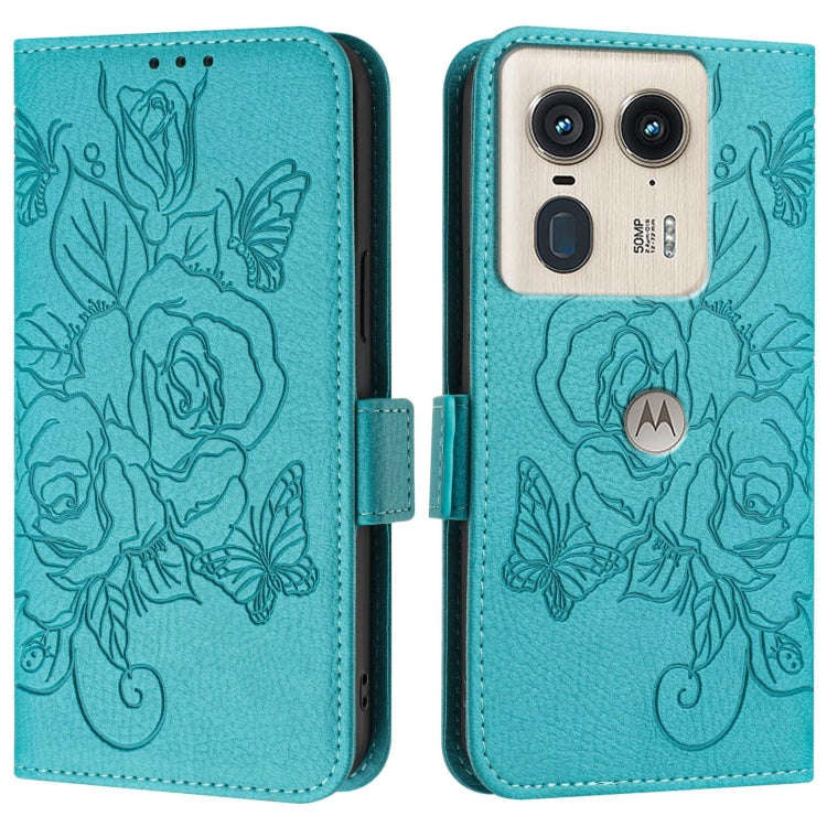 For Motorola Edge 50 Ultra Embossed Rose RFID Anti-theft Leather Phone Case(Light Blue)