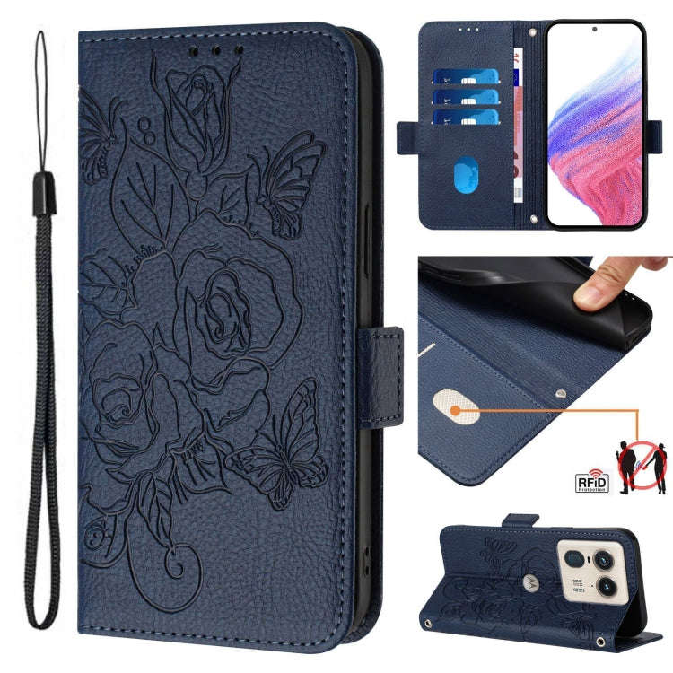 For Motorola Edge 50 Ultra Embossed Rose RFID Anti-theft Leather Phone Case(Dark Blue)