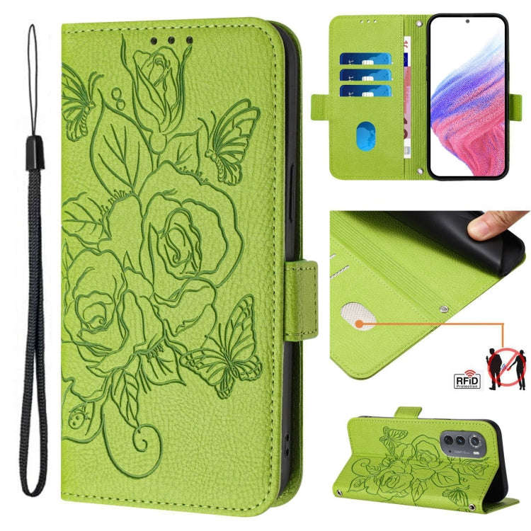 For Motorola Edge 2022 / 5G UW 2022 Embossed Rose RFID Anti-theft Leather Phone Case(Green)