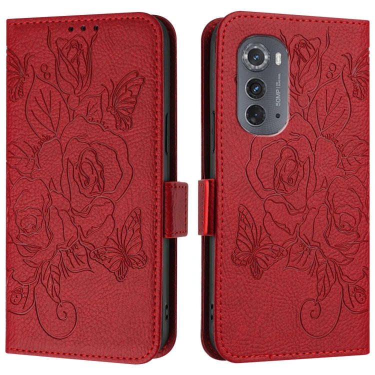 For Motorola Edge 2022 / 5G UW 2022 Embossed Rose RFID Anti-theft Leather Phone Case(Red)