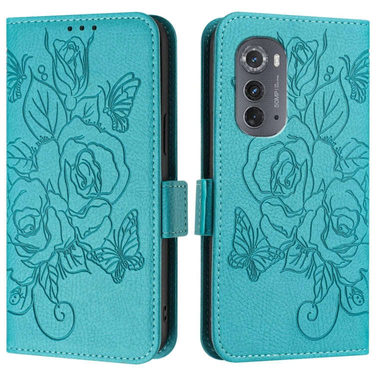 For Motorola Edge 2022 / 5G UW 2022 Embossed Rose RFID Anti-theft Leather Phone Case(Light Blue)