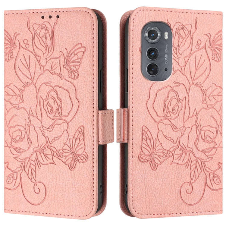 For Motorola Edge 2022 / 5G UW 2022 Embossed Rose RFID Anti-theft Leather Phone Case(Pink)