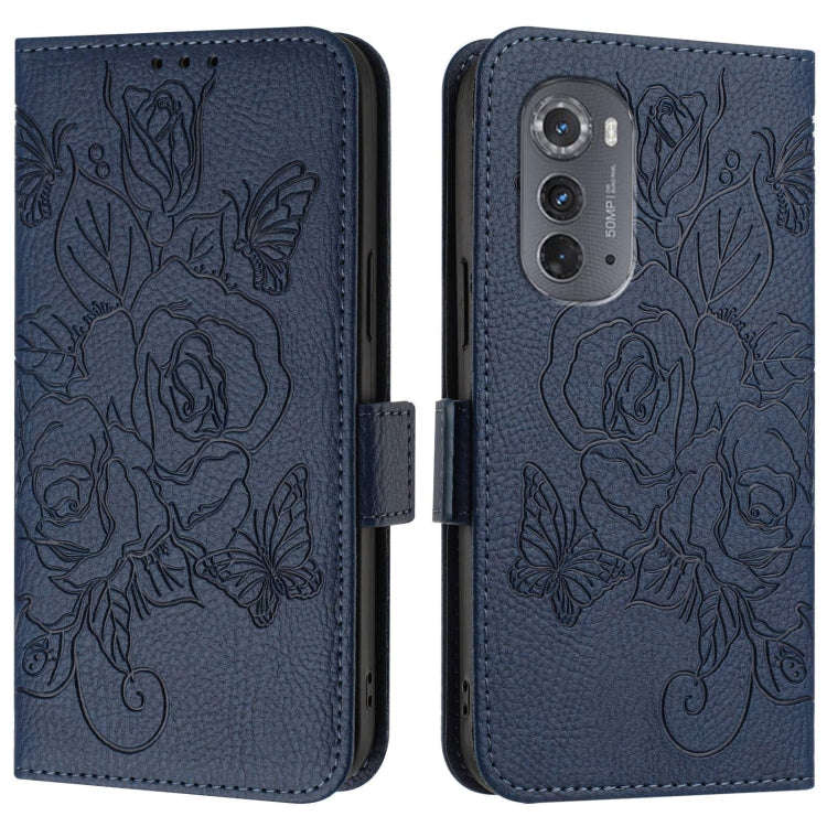 For Motorola Edge 2022 / 5G UW 2022 Embossed Rose RFID Anti-theft Leather Phone Case(Dark Blue)