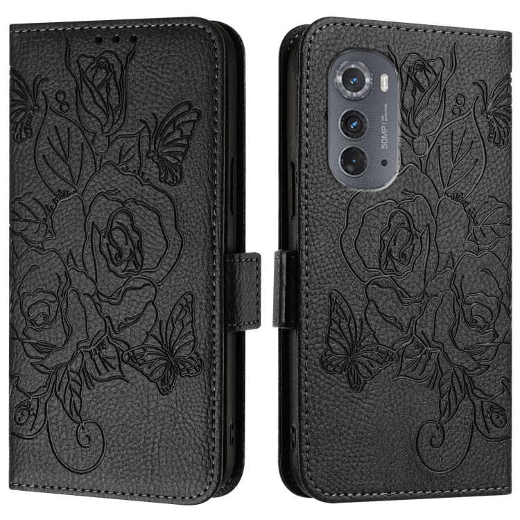 For Motorola Edge 2022 / 5G UW 2022 Embossed Rose RFID Anti-theft Leather Phone Case(Black)