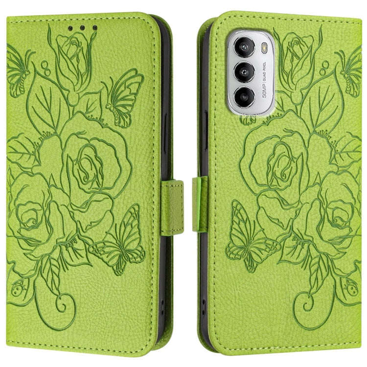 For Motorola Moto G 5G 2022 Embossed Rose RFID Anti-theft Leather Phone Case(Green)