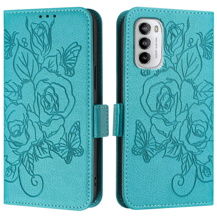 For Motorola Moto G 5G 2022 Embossed Rose RFID Anti-theft Leather Phone Case(Light Blue)