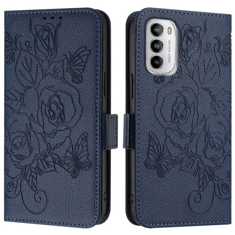 For Motorola Moto G 5G 2022 Embossed Rose RFID Anti-theft Leather Phone Case(Dark Blue)