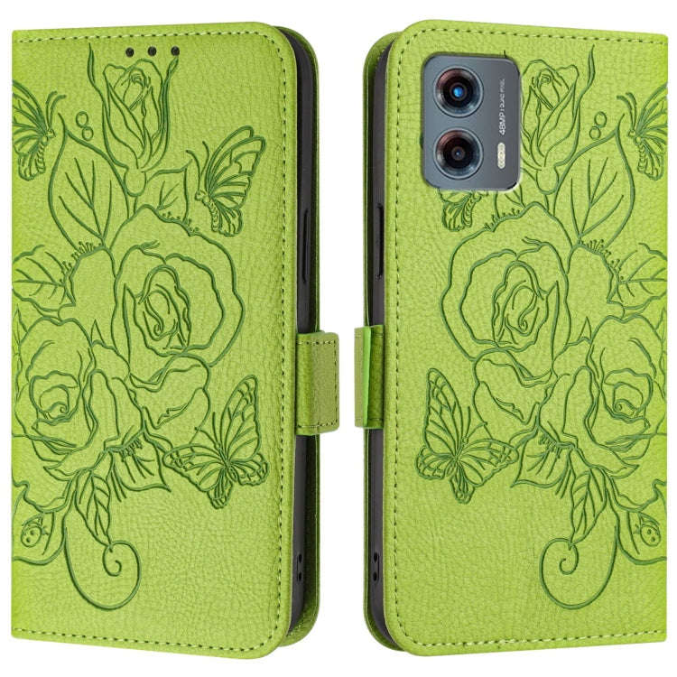 For Motorola Moto G 5G 2023 Embossed Rose RFID Anti-theft Leather Phone Case(Green)