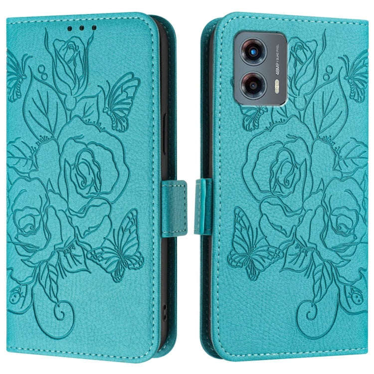 For Motorola Moto G 5G 2023 Embossed Rose RFID Anti-theft Leather Phone Case(Light Blue)