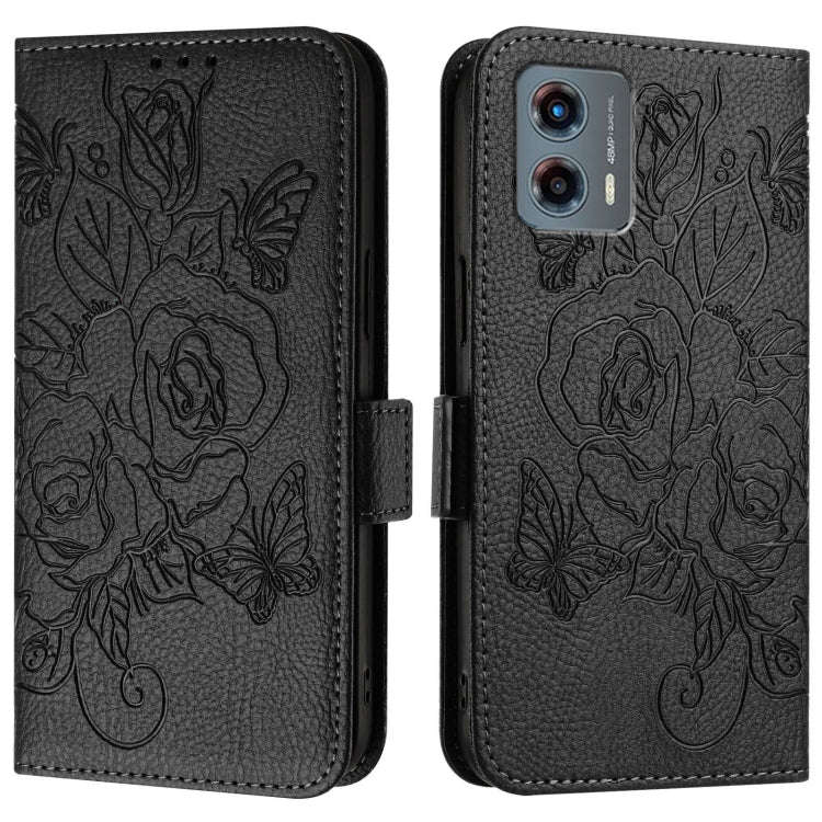 For Motorola Moto G 5G 2023 Embossed Rose RFID Anti-theft Leather Phone Case(Black)
