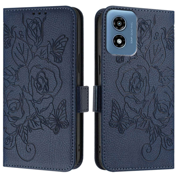 For Motorola Moto G Play 4G 2024 Embossed Rose RFID Anti-theft Leather Phone Case(Dark Blue)