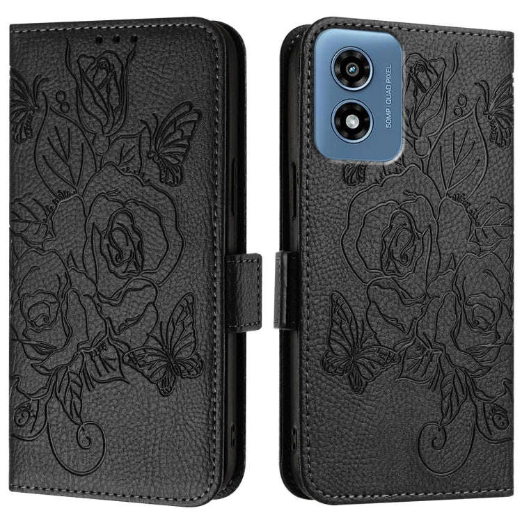 For Motorola Moto G Play 4G 2024 Embossed Rose RFID Anti-theft Leather Phone Case(Black)