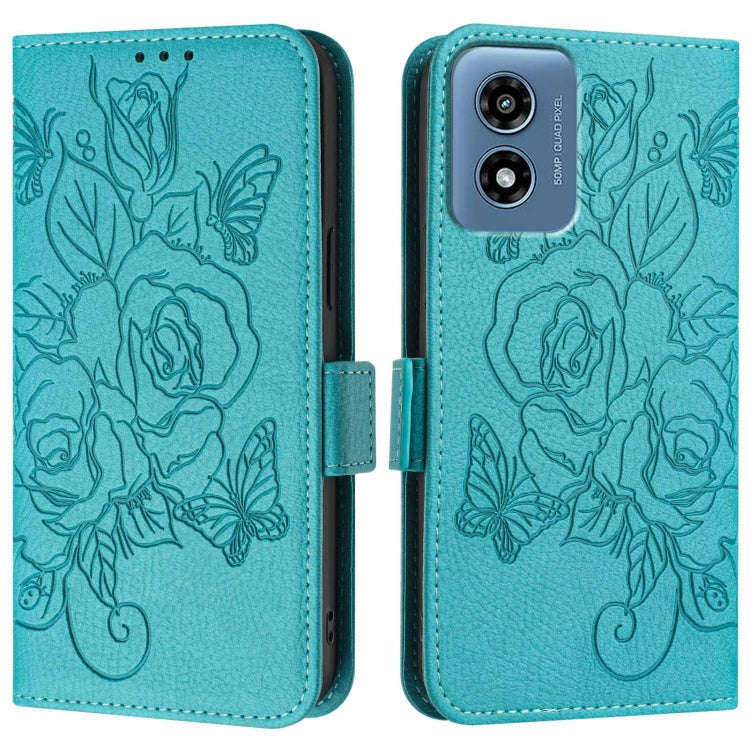 For Motorola Moto G Play 5G / G 5G 2024 Embossed Rose RFID Anti-theft Leather Phone Case(Light Blue)