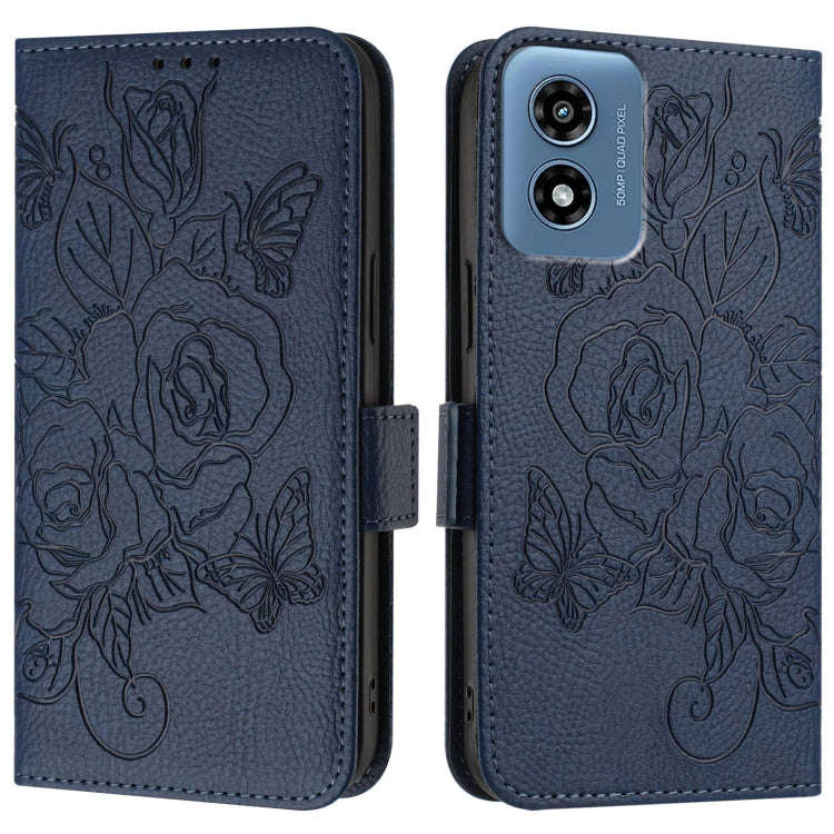 For Motorola Moto G Play 5G / G 5G 2024 Embossed Rose RFID Anti-theft Leather Phone Case(Dark Blue)