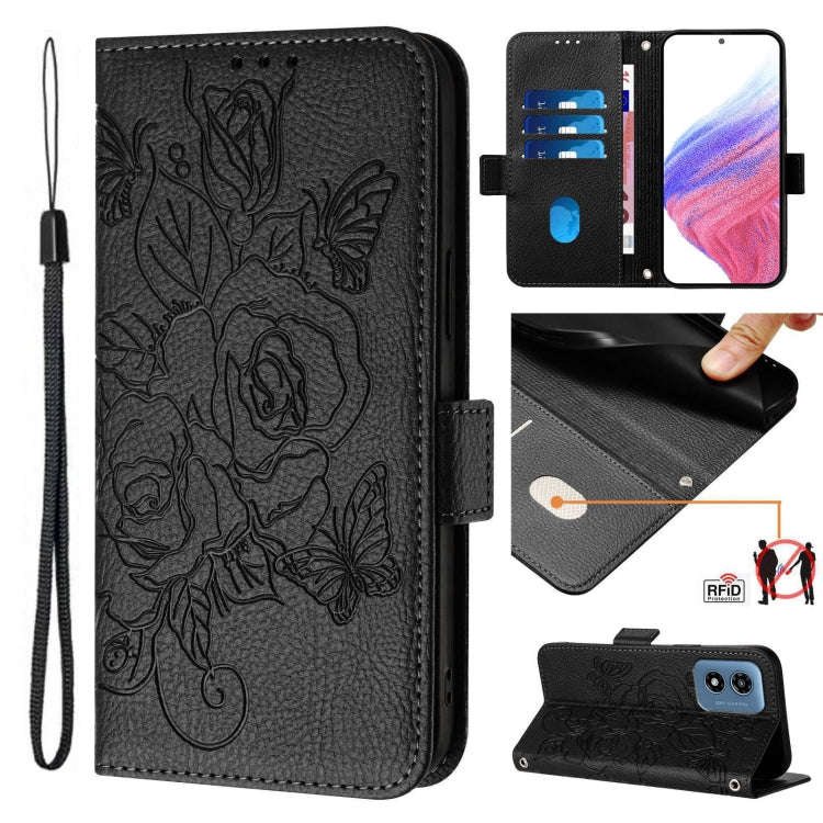For Motorola Moto G Play 5G / G 5G 2024 Embossed Rose RFID Anti-theft Leather Phone Case(Black)
