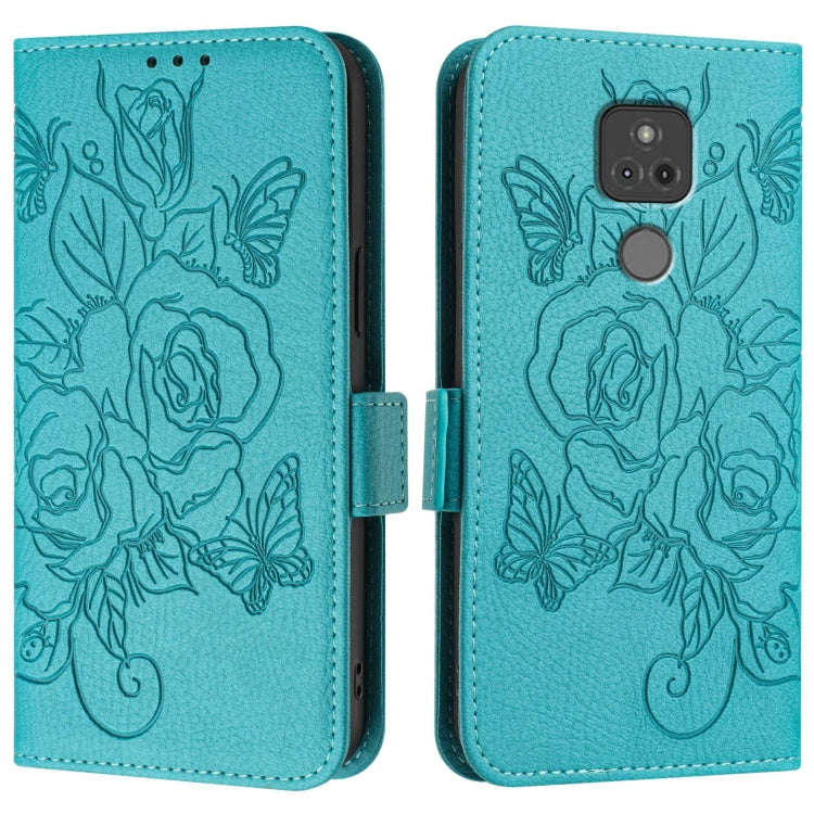 For Motorola Moto G Play 2021 Embossed Rose RFID Anti-theft Leather Phone Case(Light Blue)